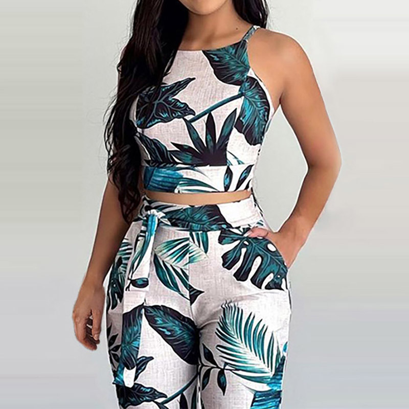 summer Palm Leaf Printed Sexy Sling Top & long pant with Belt women 2 peice set S-XL 210521