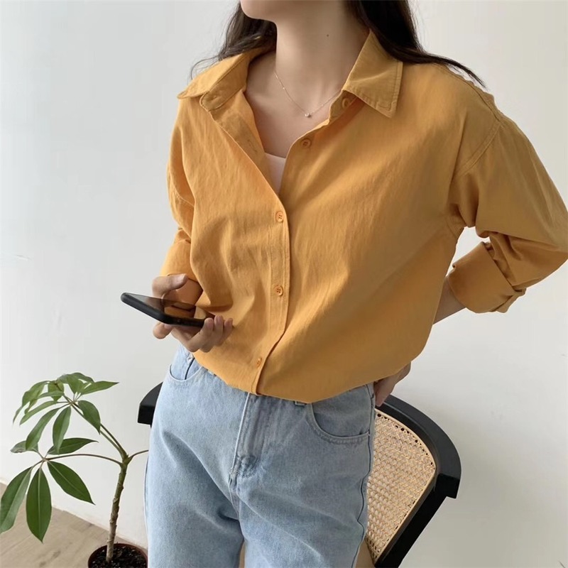 Early Autumn Korean Style Long Loose Retro Shirt Solid Color Sleeve Women Blouse Lazy Chemisier Femme 10320 210427