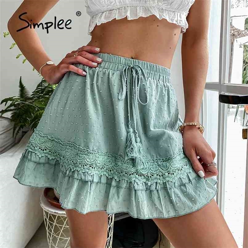Casual green lace patchwork a-line skirt summer Elastic waist tassel ruffled mini  lady Polka Dot embroidery 210708 
Casual green lace patchwork a-line skirt summer Elastic waist tassel ruffled mini  lady Polka Dot embroidery 210708