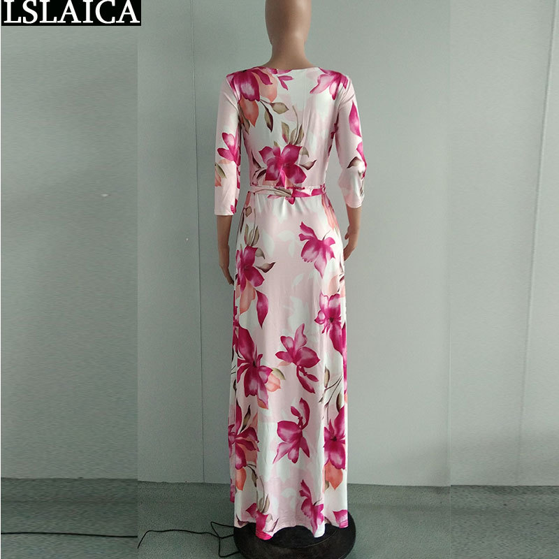 Boho Autumn Women Dress Floral Print Three Quarter Sleeve V Neck Ladies Maxi High Waist Sashes Beach Holiday Abiti 210515