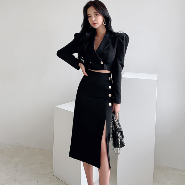 Korean Spring Women 2 Piece Set Office OL Elegant Notched Long Sleeve Crop Top+High waist Bodycon Sexy Split Midi Skirt Outfits 210519