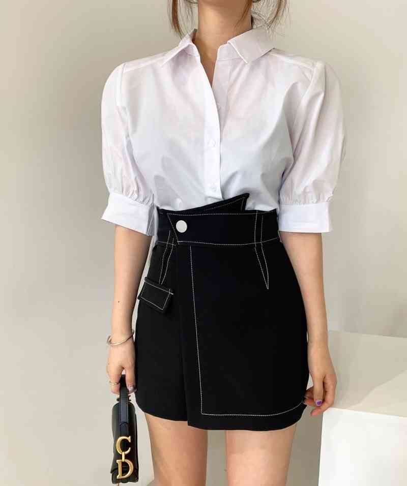 OL Fashion Chic Korean Summer Blue Short Front Long Back Pleated Blouse Women Loose Doll White Lapel Shirts Casual Blusas 210429
