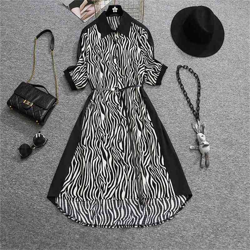 Plus size Women's Summer Dress Temperament Lapel Zebra stripes Patchwork Short Chiffon Shirt With belt Vestidos 210602, Black
Plus size Women's Summer Dress Temperament Lapel Zebra stripes Patchwork Short Chiffon Shirt With belt Vestidos 210602, Black