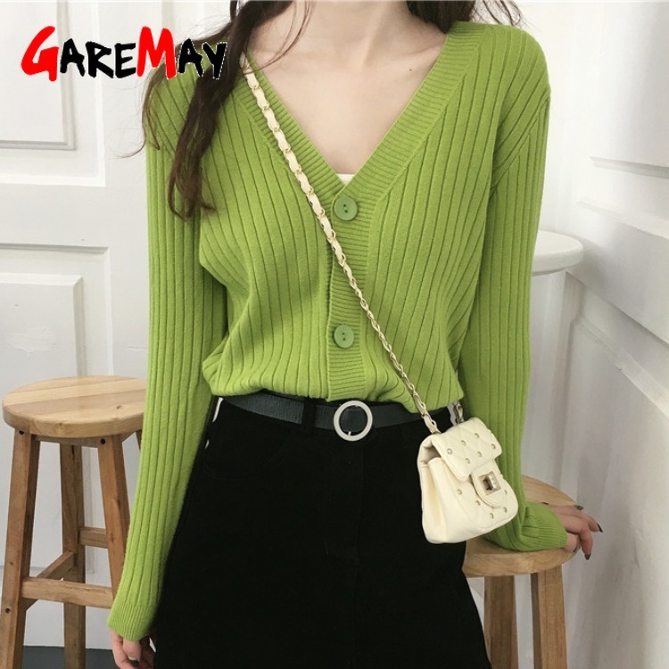 Autumn Cropped Cardigans Women Long Sleeve Casual Short Knitted Sweaters Buttons V Neck Female Cardigan Outwear 210428
