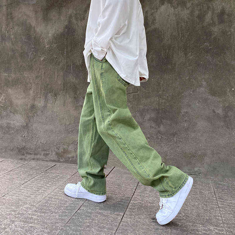 Japanese Men Jeans Fashion Purple Green Loose Straight Vintage Casual Streetwear Skateboard Dance Denim Cargo Baggy Pants 211108