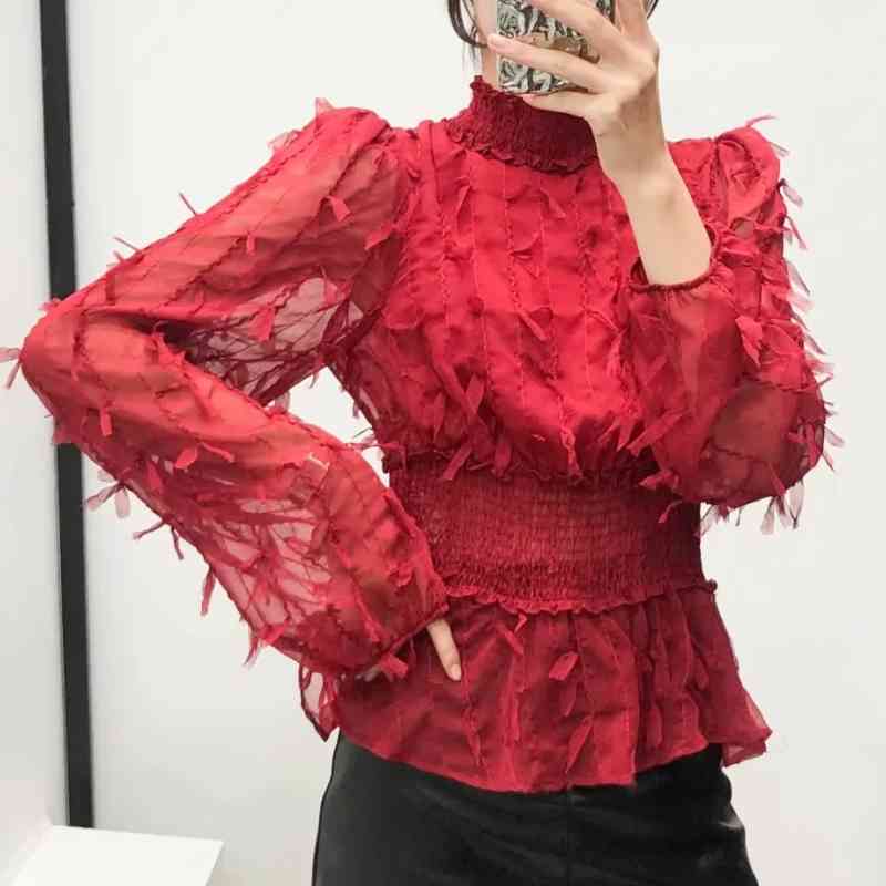 Tassels Decoration Chiffon Elastic Waist Women Shirt Leisure Lady Long Sleeve Blouse Loose Tops S6700 210430