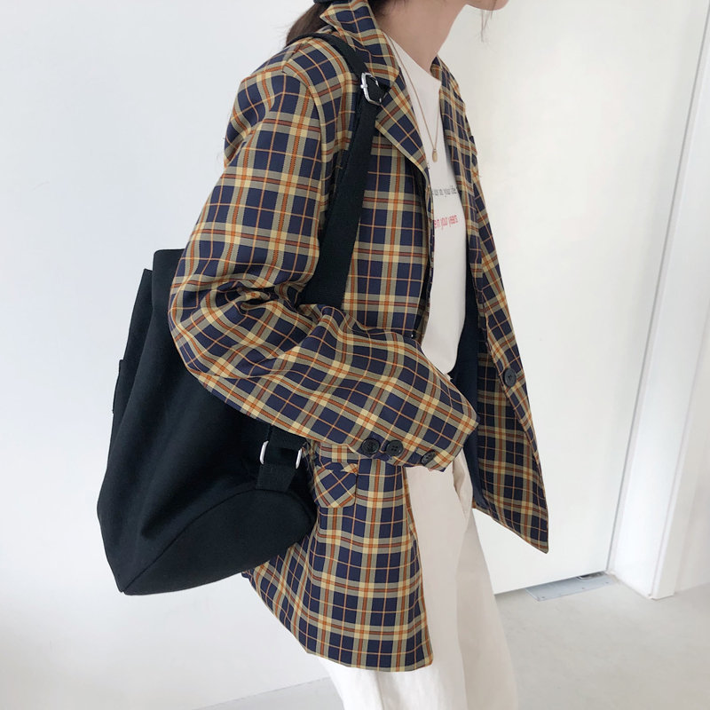 Retro Yellow Plaid Chic Office Lady Vintage Loose England Style Women Plus Size Feminine All Match Blazer 210421