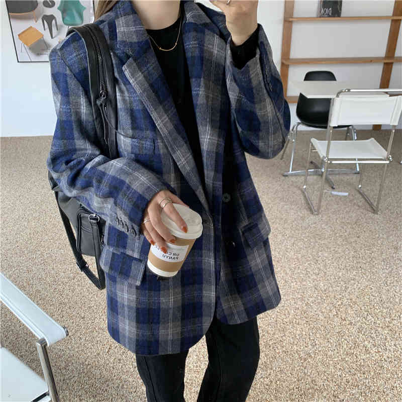OL Notched Vintage Elegant Casual Plaid Woolen Blazer Jacket Autumn Winter Tops Women Blazers Loose Suit Coat Female 210421
