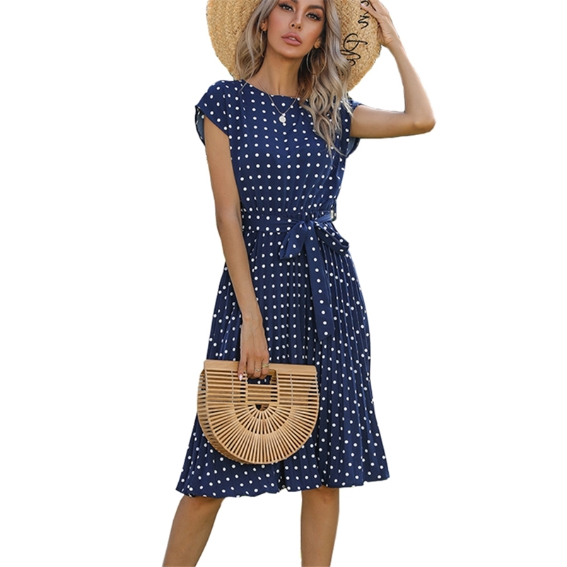 Summer Beach Woman Dress Fashion Print Polka Dot Casual Pleated Midi Dresses For Women Vacation Elegant Ladies Sundress 210409