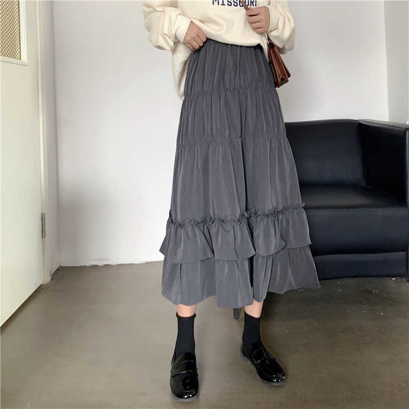 Vintage High Waisted Skirt Women Spring Autumn Teens School Girls Frill Pleated Ruffles Patchwork Long Midi Black Goth Skirts 210619