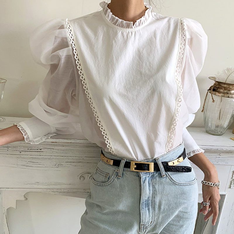 Nomikuma Ruffle Stand Neck Women Tops Korean Perspective Mesh Puff Sleeve Patchwork Blouse Causal Spring Blusas Shirt 6E115 210427