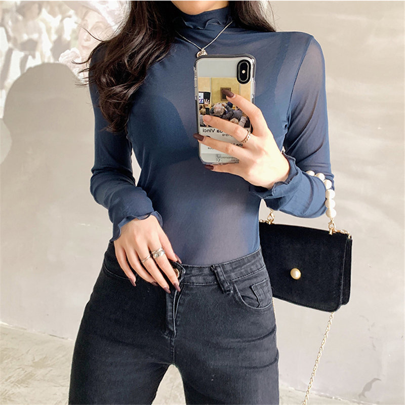 Autumn Female Minimalist Tops Large Size Women Sexy Solid Casual Basic Thin Turtleneck Brief T-shirt 210421