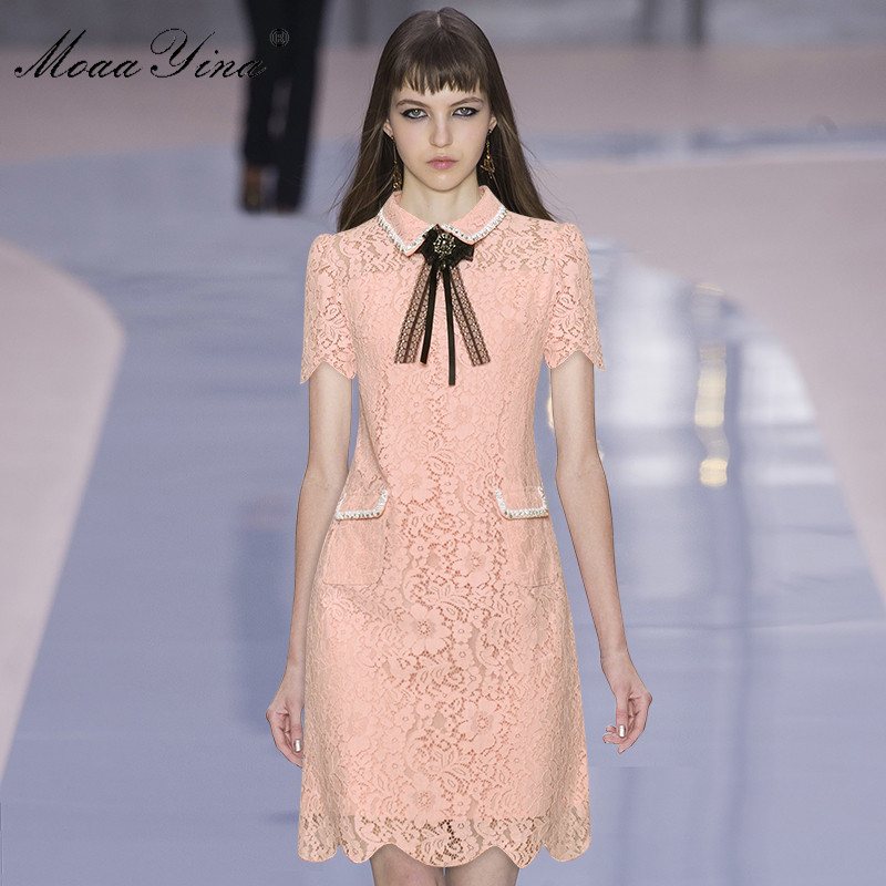 Fashion Runway dress Summer Women's Dress Crystal Diamond Bow Short sleeve Hollow Out Lace Slim Elegant Dresses 210524