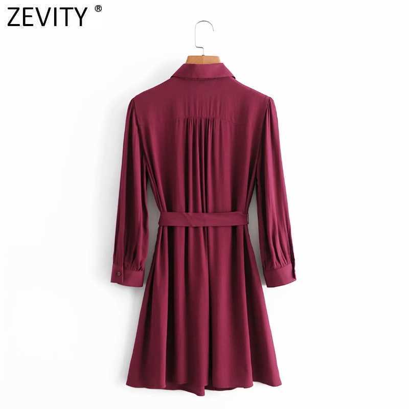 Zevity Women Vintage Solid Color Breasted Sashes Shirt Dress Office Ladies Three Quarter Sleeve Chic Business Vestido DS4758 210603