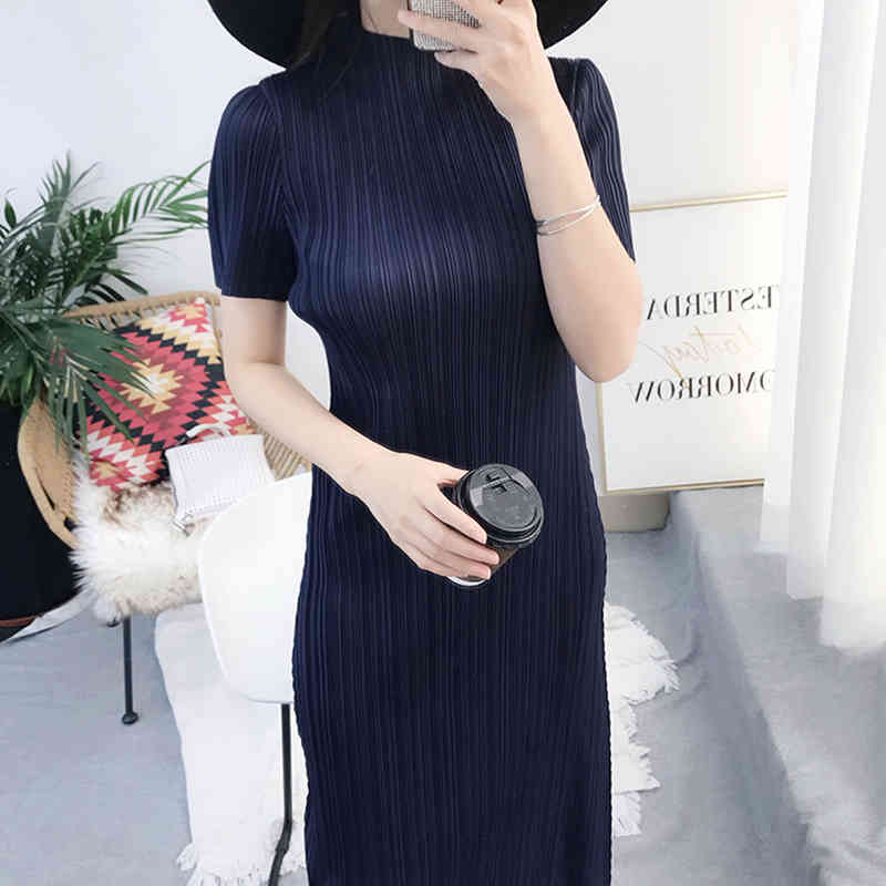 TIANPEI Miyake Pleated women dress summer temperament casual Korean basic Turtleneck short sleeve long aesthetic dress 5008 210406