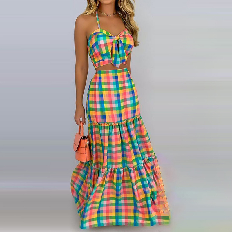 Women Summer Boho Beach Two Piece Dress Set Sexy Skirt Set Crop Top+Maxi Long Skirt Plaid Printed Ruffles High Waist Casual Set 210521, Multi
Women Summer Boho Beach Two Piece Dress Set Sexy Skirt Set Crop Top+Maxi Long Skirt Plaid Printed Ruffles High Waist Casual Set 210521, Multi
