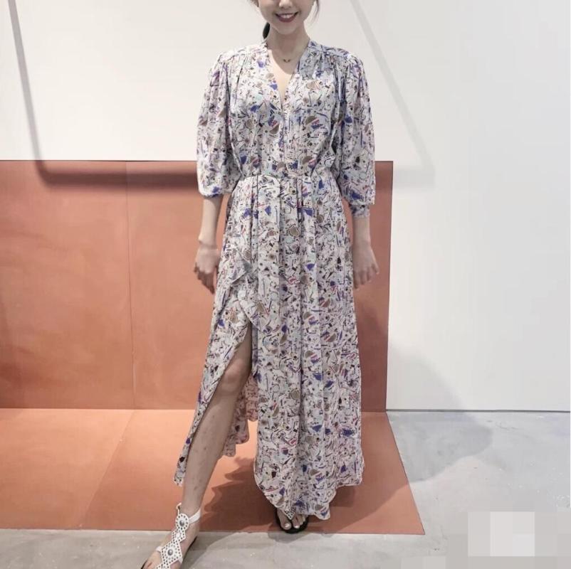 Retro Print Women V-neck Midi Dress Color Matching Lady Long-sleeved Pleated Split Female Slim Long Dresses 2021 Casual
