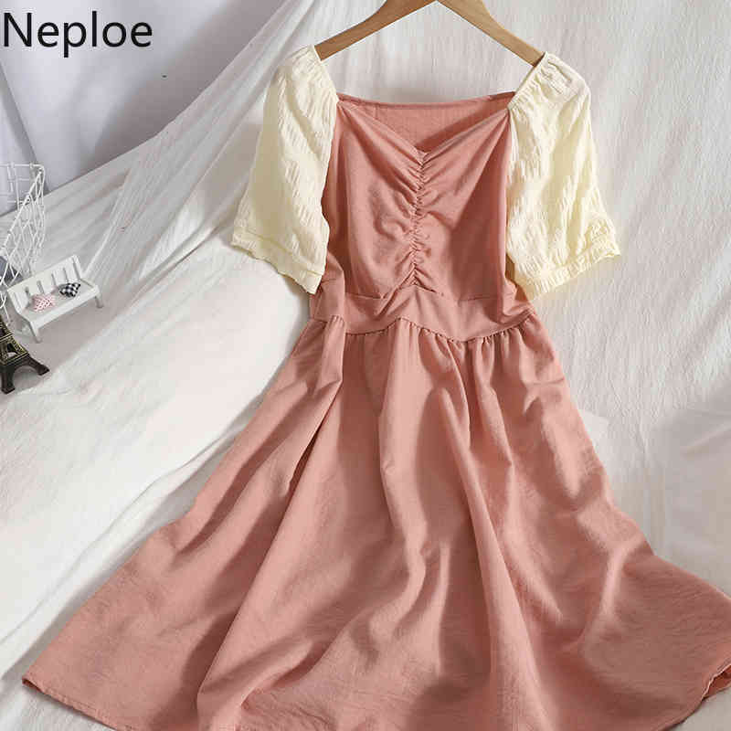 Neploe Summer Dress Women Elegant Pleated Korean Vestidos Mujer Contrast Color Patchwork Temperament Dresses Vintage Robe 4i820 210422