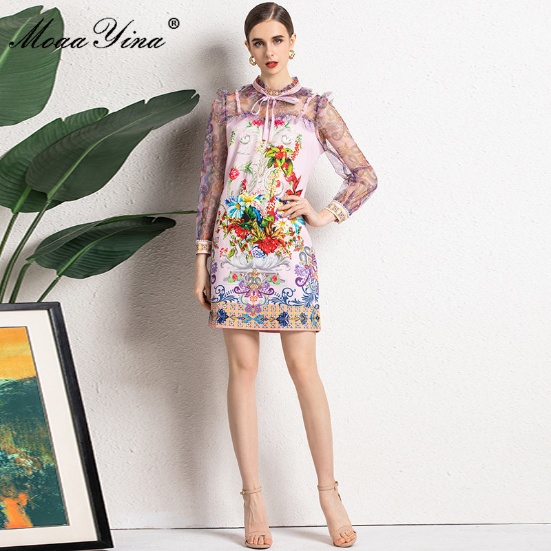 Moaa Yina Summer Fashion Runway Short Dress Women Mesh Patchwork Long sleeve Floral print Vintage Party Mini 210524