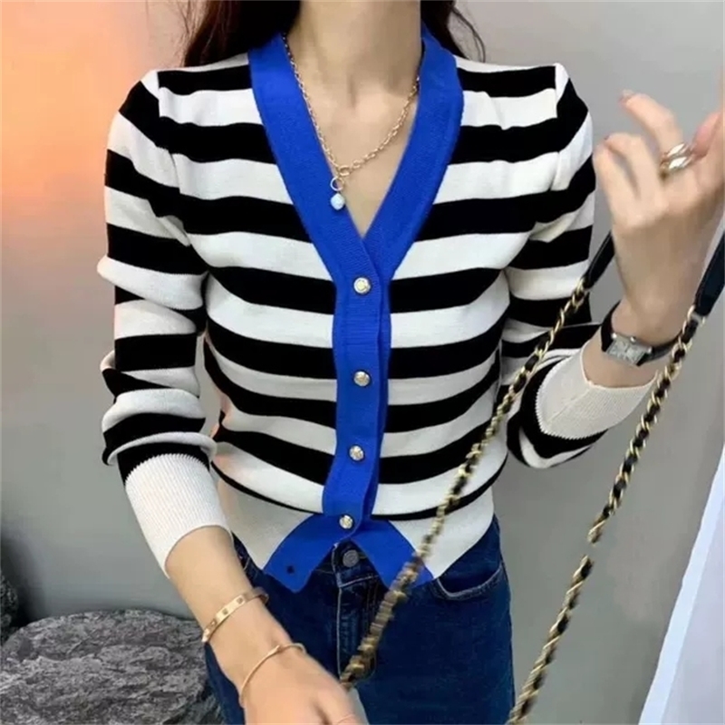 Spring Autumn Fashion Vintage Women Striped Cardigan Long Sleeve V-neck Single-breasted Sweater Ladies Korean 210514