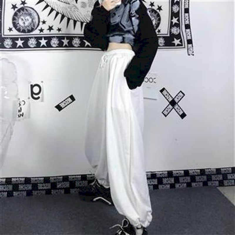Wide leg pants women autumn winter Korean version Harajuku style retro white casual loose high waist elastic trousers 210526