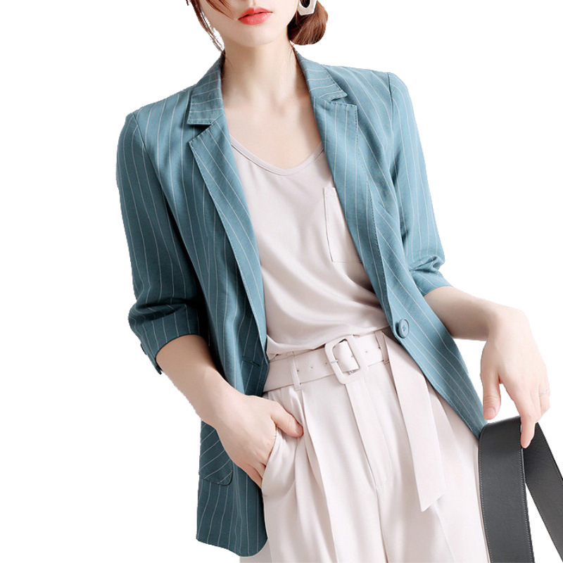 Spring Elegant Office Lady Silm Blazers Fashion Fresh Turquoise Striped Women Coats Casual Loose Soft Woman Jacket 210525