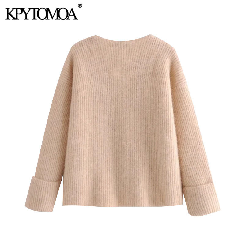 Women Fashion Crossover Button Wool Knitted Cardigan Sweater V Neck Long Sleeve Female Outerwear Chic Tops 210420