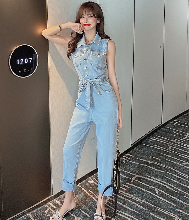 Summer Women Denim Overalls Korean Fashion Turn Down Collar Single-Breasted Sleeveless Rompers Jeans Female Slim Long Trousers 210519