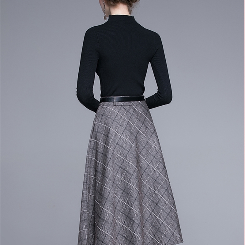 Elegant Women Sweater Top and Plaid Skirt 2 Piece Set fashion Autumn Winter O-Neck Knitted Top+ Lady 210506