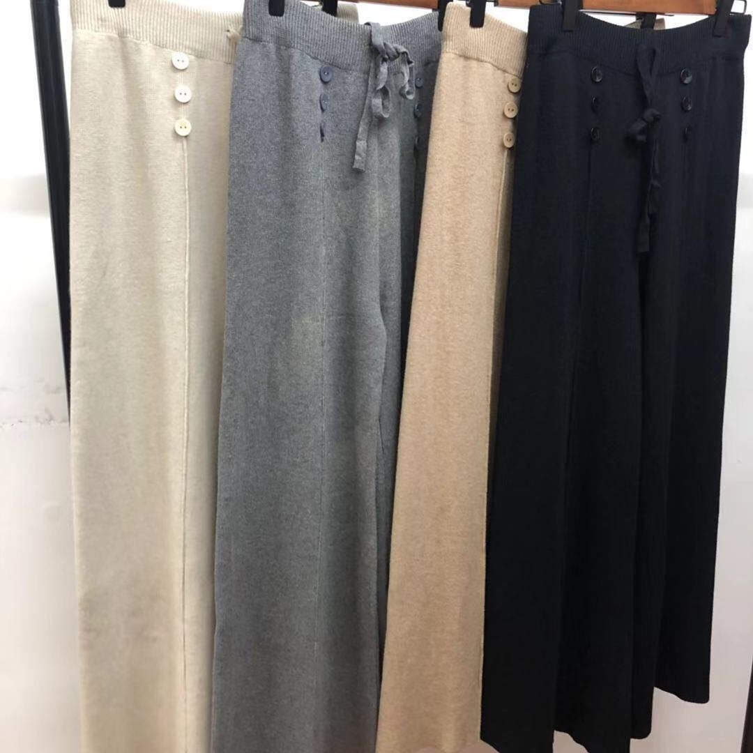 Nomikuma Knitted Buttons Wide Leg Pants Lace Up High Waist Women Trousers Autumn Winter Causal Solid Sweater Pants 6D307 210427