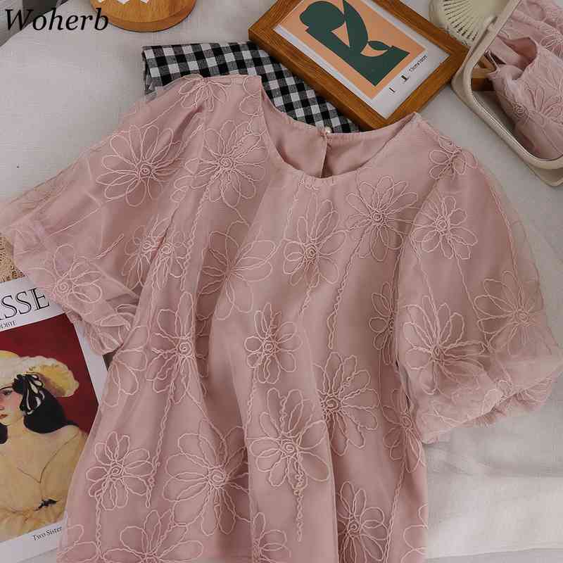Lace Embroidery Elegant Blouse Korean Chic Sweet Short Puff Sleeve Tops Loose Streetwear Blouses Femme Summer 210519