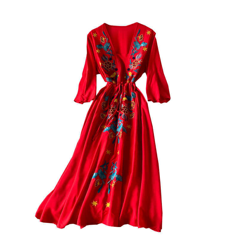 LY VAREY LIN Spring Summer Women V-neck Embroidery Midi Dresses Casual Flare Sleeve Bohemian Female 210526