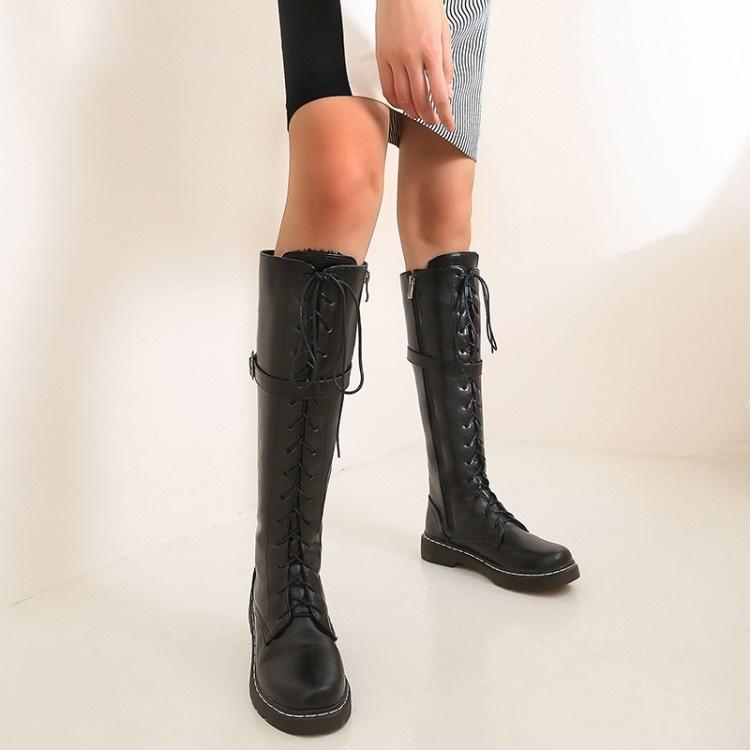 Boots Women's Round Toe Sqaure Heels Knee-High Waterproof Pu Leather Lace-up Booties Flat With Concise Fall Winter