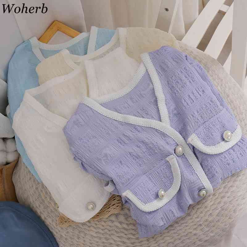 Summer Thin Blouse Women Shirts V Neck Short Loose Cardigan Tops Vintage Korean Chic Single Breasted Blusas Mujer 210519