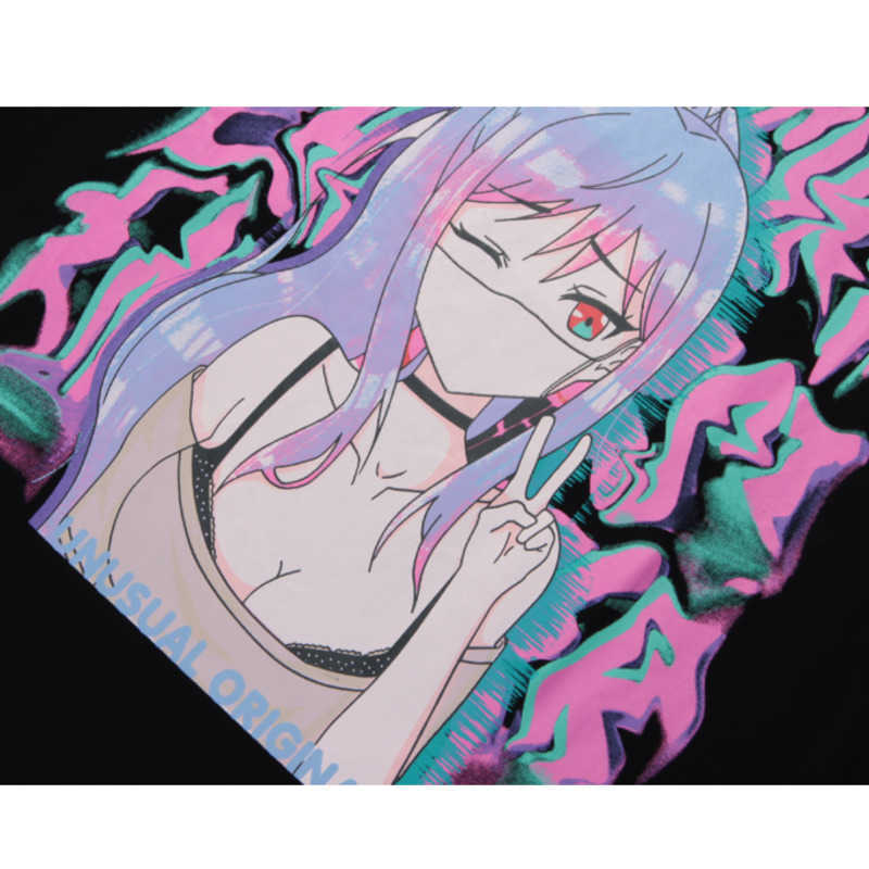 Hip Hop Streetwear Harajuku T Shirt Japanese Anime Girl Illusion Print Tshirt Men Summer Short Sleeve Cotton Loose Top Tees 210527