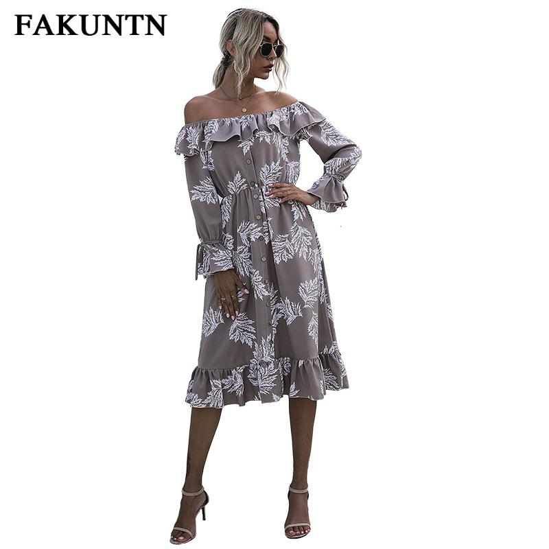 Sexy Women's Party Dress 2021 Ruffle Printed Buttons Elegant Long Sleeve For Prom Night Dresses Ladies Clothes Casual
