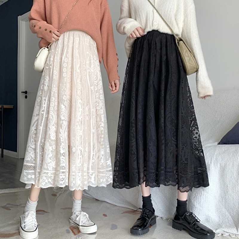 Black White Lace Midi Skirt Women Fashion Spring winter Korean Cute Elegant Office A-line Female Lady 210619