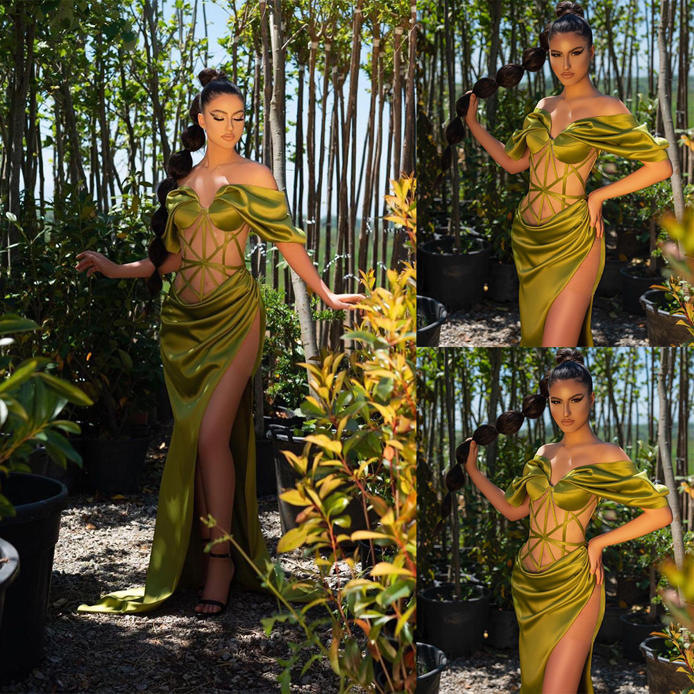 Sexy See Through Mermaid Evening Dresses Off Shoulder High Split Bandage Formal Prom Pageant Gowns robe de soiree