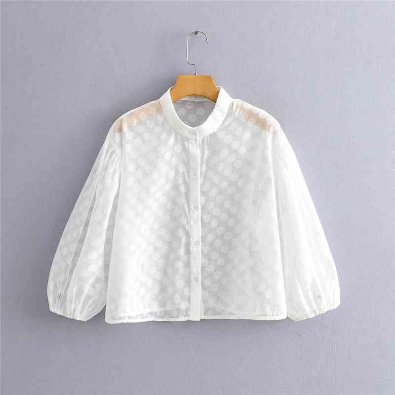 EXQJ Elegant Women Sexy Transparent Ploka Dot Shirts Fashion Ladies O-Neck Tops Sweet Female Chic Puff Sleeve Blouses 210430