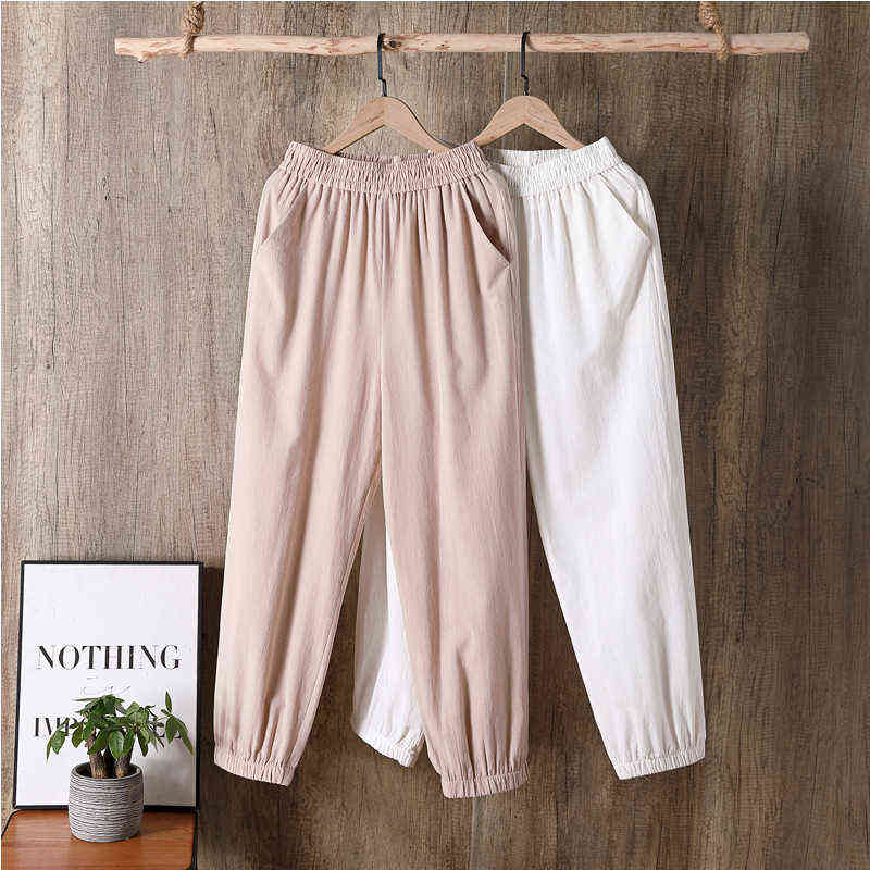 Spring Summer Woman Cotton Linen Pants Elastic Waist Solid Harem Ankle-length s Trousers Bloomer Pencil 211115