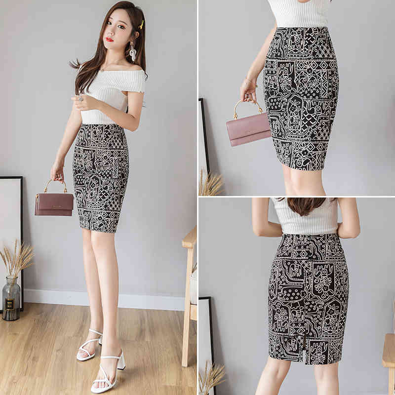 Sexy Fashion Printed Femal Large Size Women Trumpet Skirts Nature Waist Hip Skirt Temperament Joker Elastic 6534 50 210508