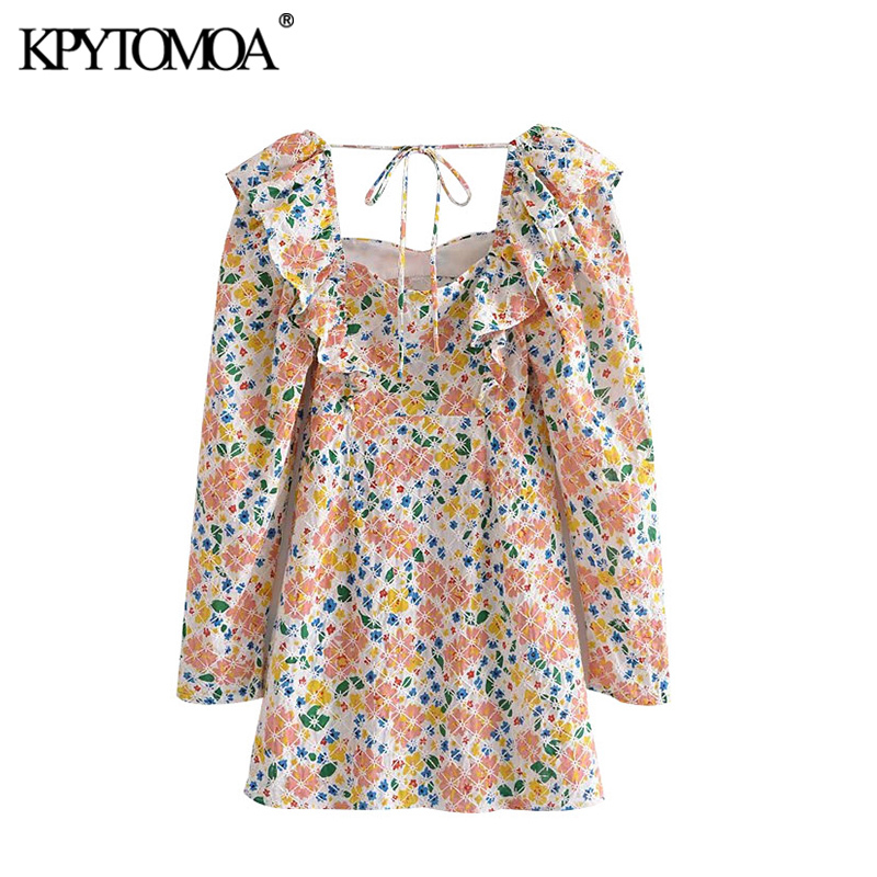 Women Chic Fashion With Ruffled Floral Print Mini Dress Long Sleeve Side Zipper Female Dresses Mujer 210420