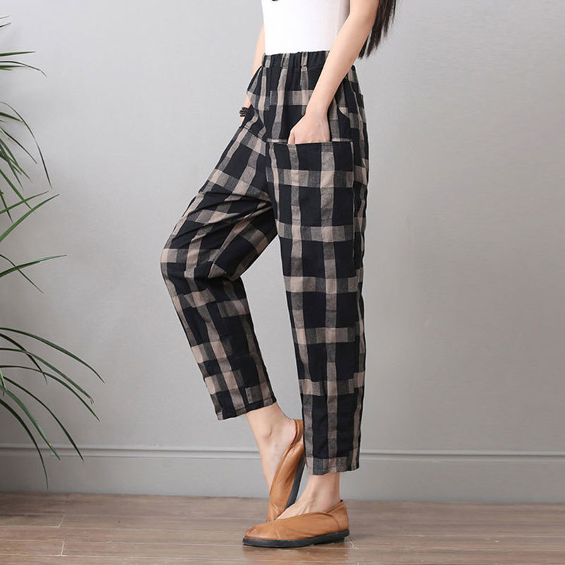 Spring Summer Fashion Women Harem Pants Elastic Waist Loose Casual Plaid Cotton Ankle-length Ladies Trousers D60 210512