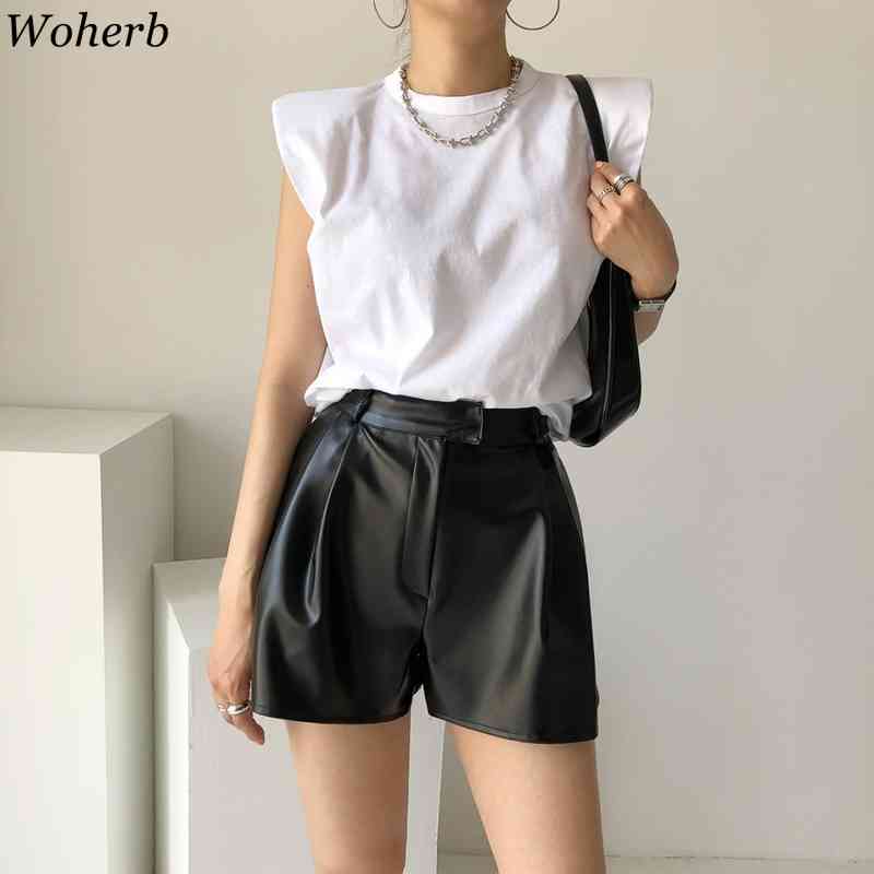 Women T Shirt Summer Korean Chic Shoulder Pads Flying Sleeve Tees Female Vintage Loose Black O Neck Slim Fit Tops 210519