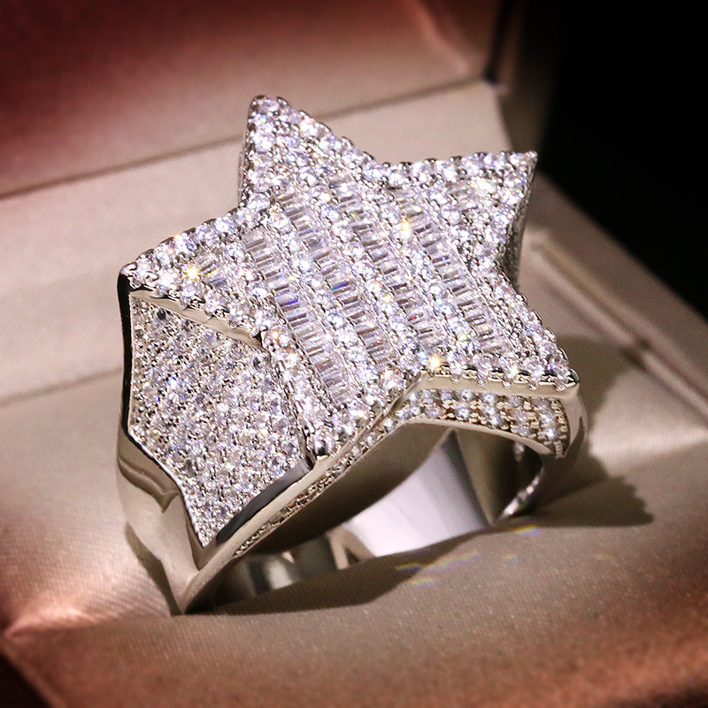Mens Gold Ring Stones Iced Out Five-pointed Star Fashion Hip Hop Silver Rings Jewelry