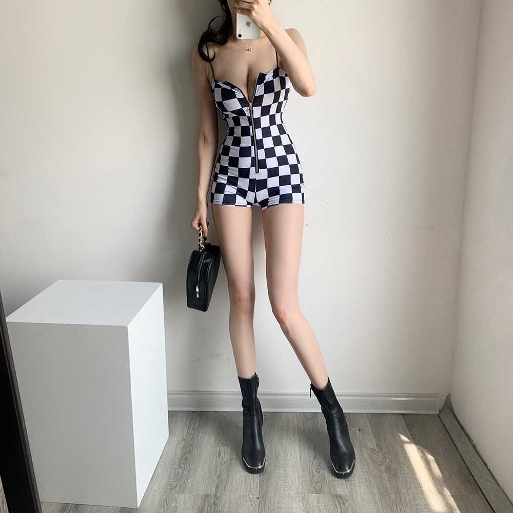 WOMENGAGA Super Sexy China Girl Female Shoulder Strap Tank Plaid Zipper Playsuits Korea Romper Summer SODT 210603