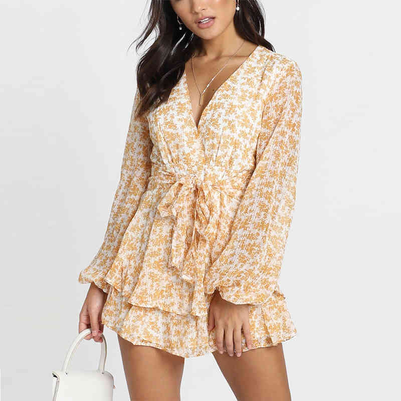 Summer Floral Print Beach Dress Deep V Neck Mini Bud Dresses Lady Bandage Transparent Long Sleeve Holiday Dress Sundress 210414