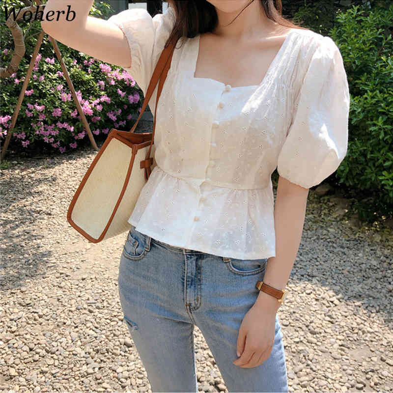 Blouses Women Puff Sleeve Square Collar Shirts Summer Vintage Blusas Mujer Elegant Slim Fashion Sweet White Lace Tops 210519