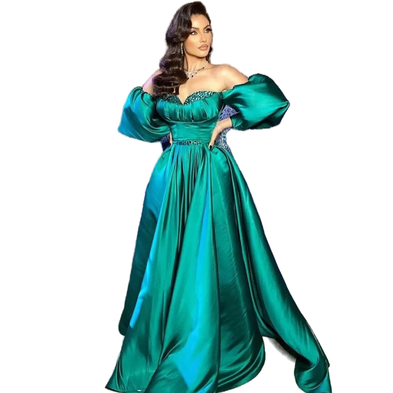 2022 Elegant Hunter Green Formal Evening Dresses Crystals Sequins Beaded Puffy Sleeves Off The Shoulder Sweetheart Long Arabic Prom Party Dress