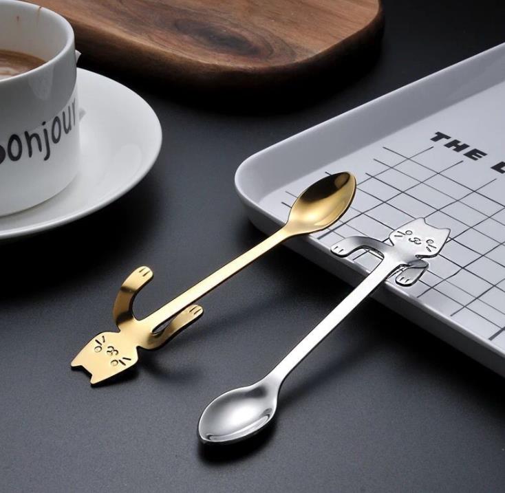 500pcs Stainless Steel Coffee Tea Spoon Mini Cat Long Handle Creative Hanging Spoons Drinking Tools Kitchen Gadget Flatware Tableware SN2503
